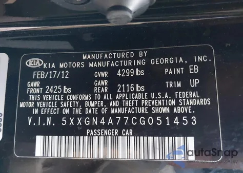 2012 Kia Optima Ex z USA, uszkodzony, nr VIN 5XXGN4A77CG051453